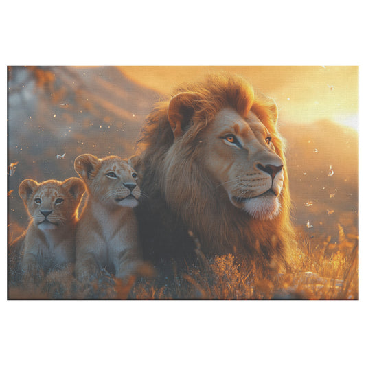 Majestic Lion Family with Father and Two Cubs in Golden Sunset Light on the Savanna Stunning Wildlife Canvas Wall Art for Living Room Nursery or Home Decor Canvas Wall Art Decor - Awakening Righteousness