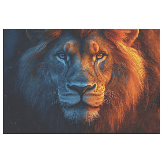 Majestic Lion with Glowing Eyes in Shadow and Light Christian Symbol of Strength and Power Wildlife Art for Home Living Room or Office Canvas Wall Art Decor - Awakening Righteousness