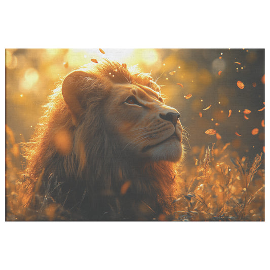 Majestic Lion with Golden Mane Basking in Warm Sunlight Surrounded Vibrant Grass and Falling Petals Dreamy Wildlife Canvas Wall Art Decor - Awakening Righteousness