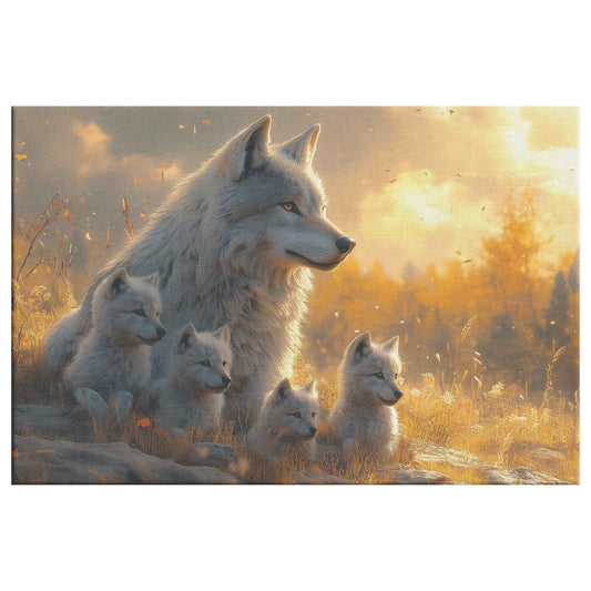 Majestic White Wolf with Cubs at Sunset A Peaceful Landscape with Golden Light and Tranquility Christian Canvas Wall Art Decor