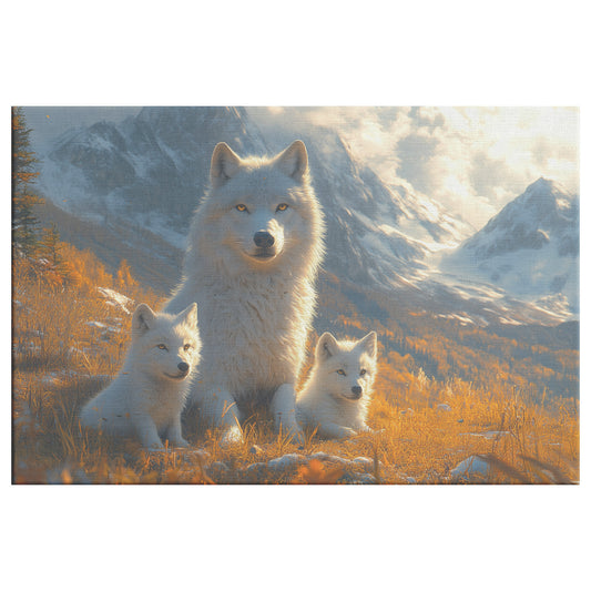 Majestic White Wolf with Two Cubs Basking in Golden Sunlight of Autumn Mountain Landscape Wildlife Canvas Wall Art for Home Living Room or Office Canvas Wall Art Decor - Awakening Righteousness