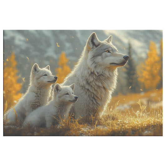 Mother Wolf and Her Cubs in an Autumn Meadow with Golden Mountains Serene Wildlife Canvas Wall Art Decor - Awakening Righteousness