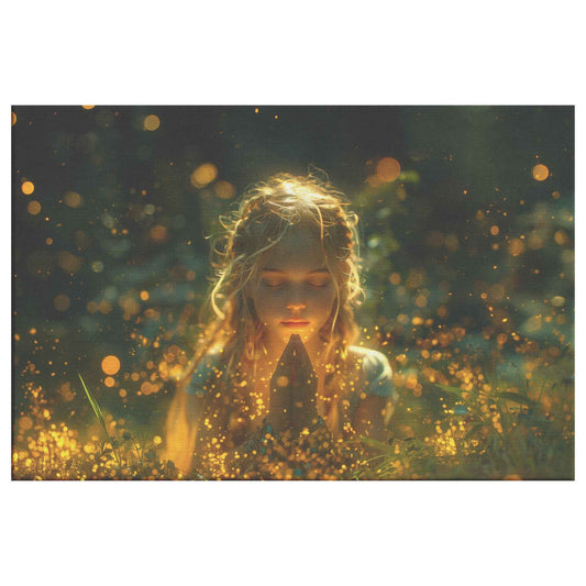 Radiant Serenity Girl Praying Amongst Fireflies Enchanting Christian Canvas Wall Art Decor