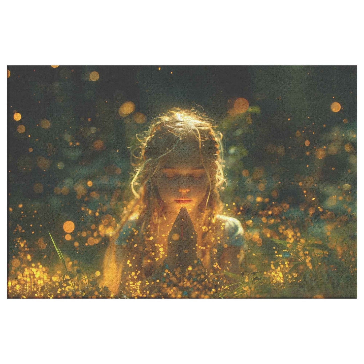 Radiant Serenity Girl Praying Amongst Fireflies Enchanting Christian Canvas Wall Art Decor