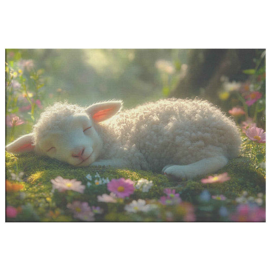 Serene Slumber Adorable Lamb Resting Amidst Vibrant Blooms Christian Canvas Wall Art Decor