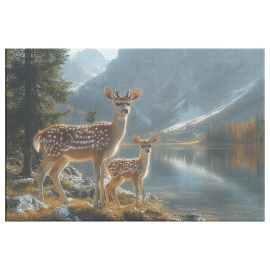 Two Deer Lake with Mountains and Trees Fawn and Mother Wildlife Art for Home Living Room or Office Canvas Wall Art Decor - Awakening Righteousness