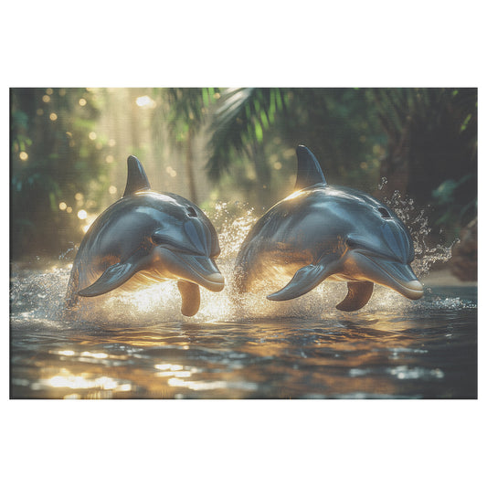 Two Dolphins Leaping in a Jungle River Surrounded Lush Vegetation Nature-Inspired Wall Art Decor - Awakening Righteousness