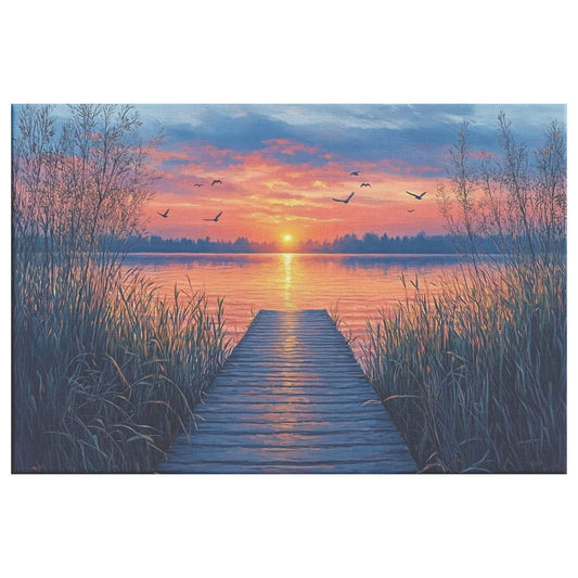 Vibrant Sunset Over Tranquil Lake with Reeds and Birds Stunning Natural Scenery Landscape Canvas Wall Art