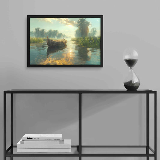 Tranquil River Scene with a Small Boat Gliding Through Lush Greenery and Palm Trees, Reflecting Calm Waters Under Bright Sunlight Serene Natural Scenery Framed Art Print Decor
