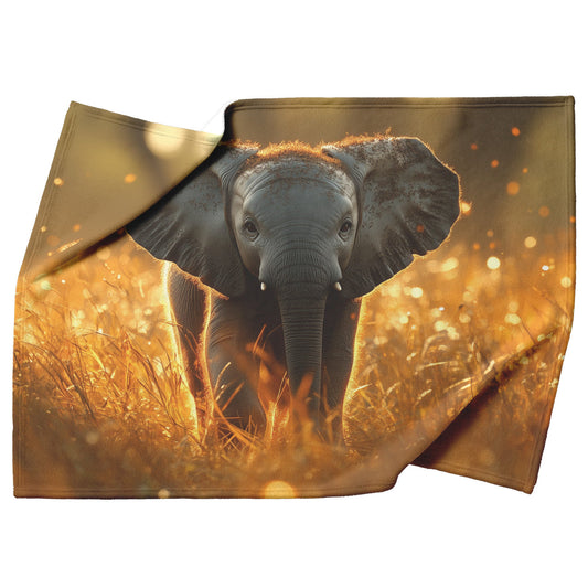 Baby Elephant Walking Through Tall Golden Grass Surrounded by Soft Sunlight Hyper Detailed Natural Scenery Blanket - Awakening Righteousness