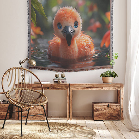 Baby Flamingo with Blue Eyes in Tropical Water Woven Throw Blanket - Awakening Righteousness
