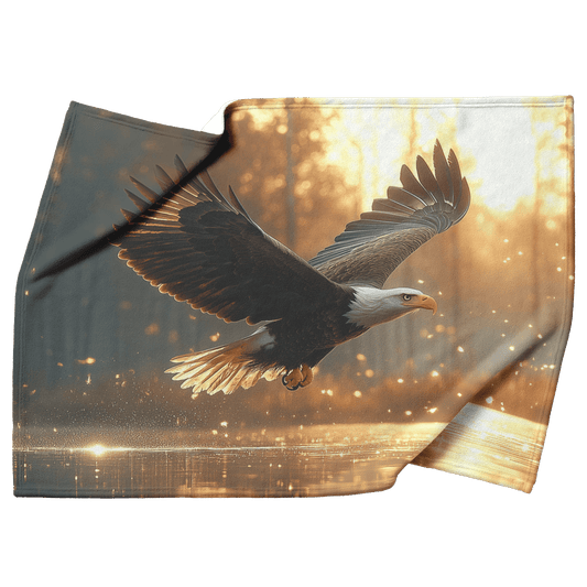 Bald Eagle Hunting Over Glowing Crystal Clear Lake Surrounded by Dense Mist and Twilight Light Fleece Sherpa Blanket - Awakening Righteousness