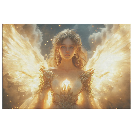 Beautiful Angel Girl with Golden Hair and Wings in White Dress Made of Light Radiating Aura and Golden Glow Heavenly Christian Canvas Art with Shining Clouds for Spiritual Home Decor - Awakening Righteousness