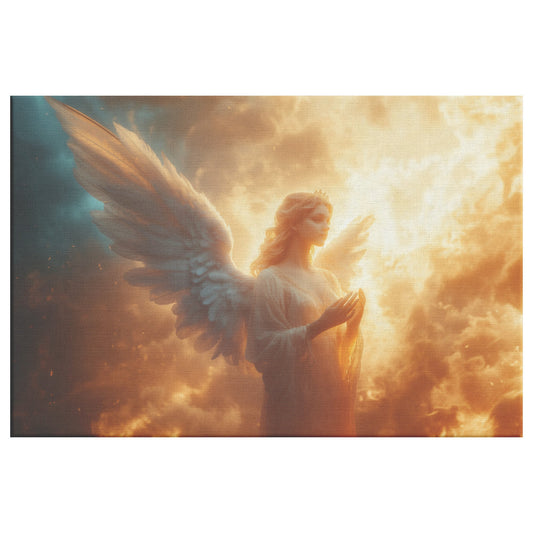 Beautiful Angel with White Wings Praying to God in the Sky Surrounded Clouds and Fire Christian Canvas Art Radiating Divine Light and Spiritual Serenity - Awakening Righteousness
