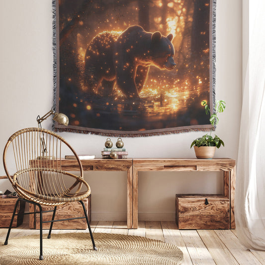 Black Bear Walking Through Glowing Bioluminescent Forest Surrounded by Shimmering Plants and Fireflies Woven Throw Blanket - Awakening Righteousness