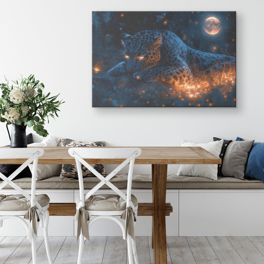 Black Leopard Resting Under Glowing Moonlight Canvas Wall Art Decor in Magical Forest with Silver Light on Sleek Fur - Awakening Righteousness