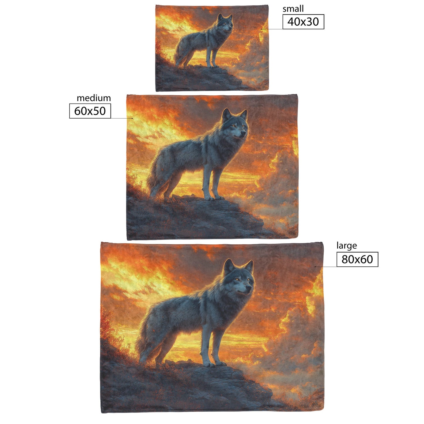 Black Wolf Standing Still on Glowing Rocky Ledge Under Stormy Twilight Sky Dramatic Lighting Cozy Sherpa Blanket - Awakening Righteousness