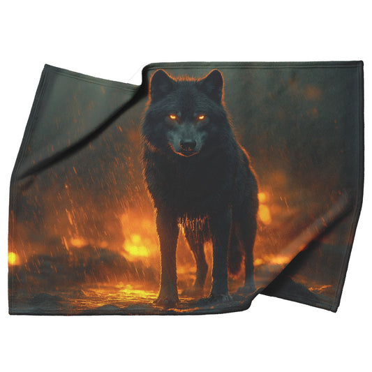 Black Wolf Standing Still on Glowing Rocky Ledge Under Stormy Twilight Sky Dramatic Lighting Cozy Sherpa Blanket - Awakening Righteousness