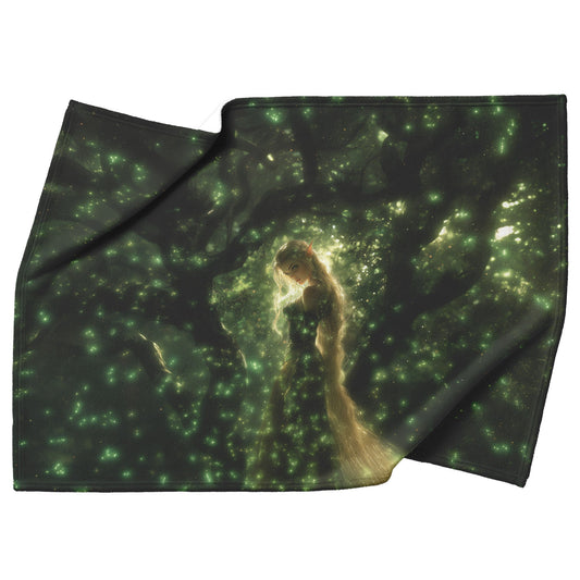 Blood Elf Hunter Fleece Sherpa Blanket Enchanted Forest Golden Mist Green Light Trails Serene Elegant WoW Design - Awakening Righteousness
