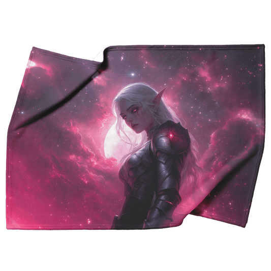 Blood Elf Hunter Fleece Sherpa Blanket Silver Crimson Armor Cosmic Mist Glowing Stars Powerful Majestic Design - Awakening Righteousness