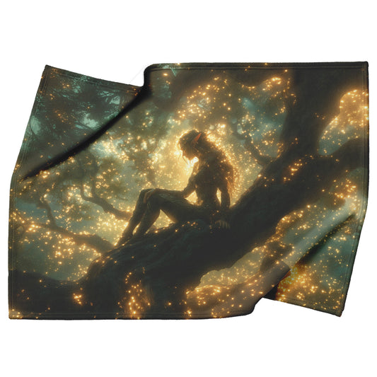 Blood Elf Hunter Fleece Sherpa Blanket Treetop Green Textures Golden Highlights Tranquil Peaceful WoW Design - Awakening Righteousness