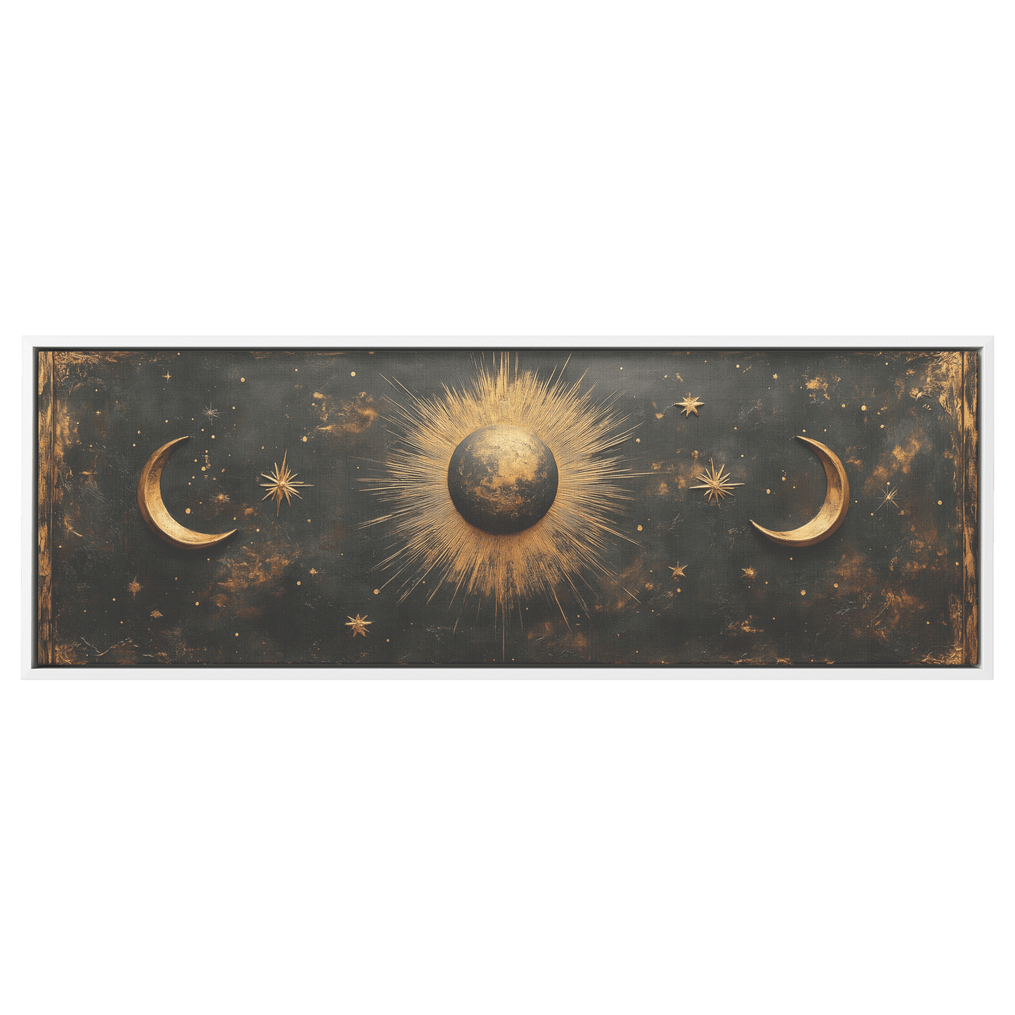 Bold Celestial Boho Pattern Crescent Moons Radiating Starbursts Earthy Mustard Beige Tones Ultra High Definition Refined Details Panoramic Framed Canvas Wall Art - Awakening Righteousness
