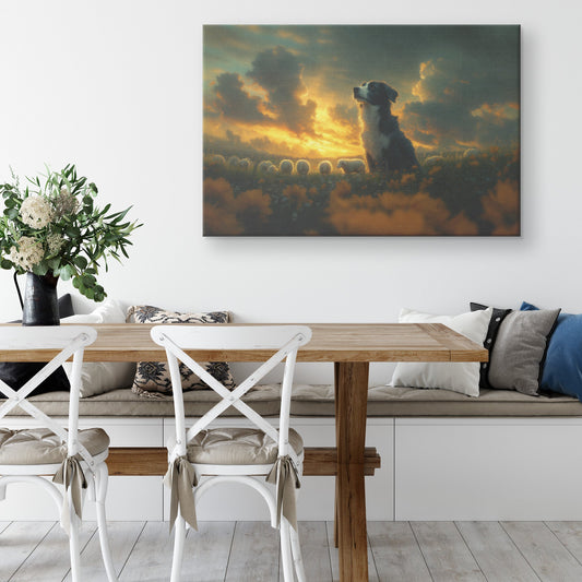 Border Collie Wall Art in Glowing Green Meadow with Sheep Rustic Countryside Decor Perfect for Nature Lovers - Awakening Righteousness