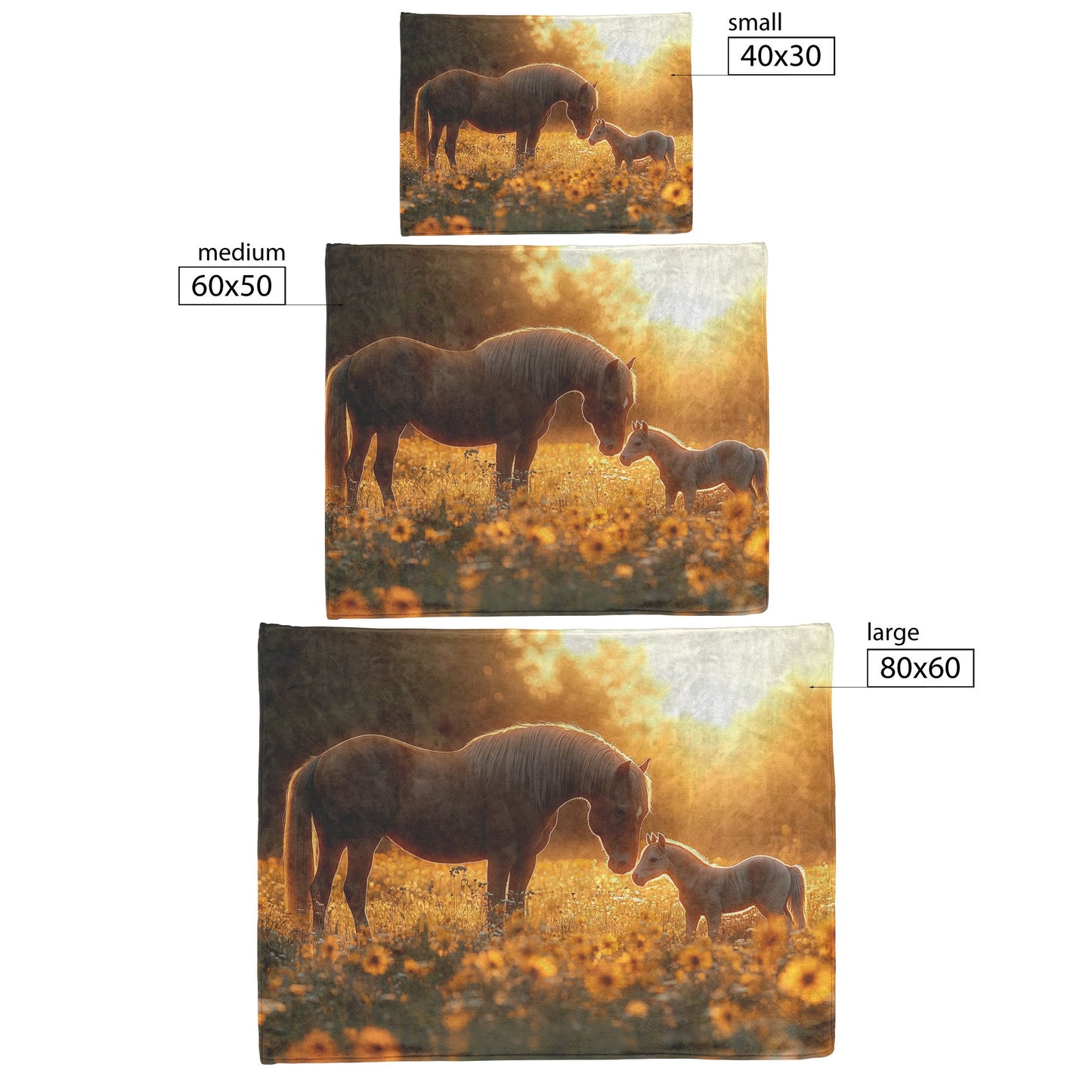 Brown Mare and Foal Grazing in Wildflower Meadow Under Soft Golden Sunlight Fleece Sherpa Blanket - Awakening Righteousness