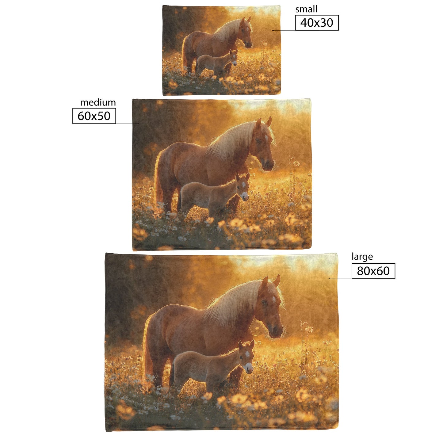 Brown Mare and Foal Grazing Peacefully in Wildflower Meadow Under Soft Golden Sunlight Cozy Fleece Sherpa Blanket - Awakening Righteousness