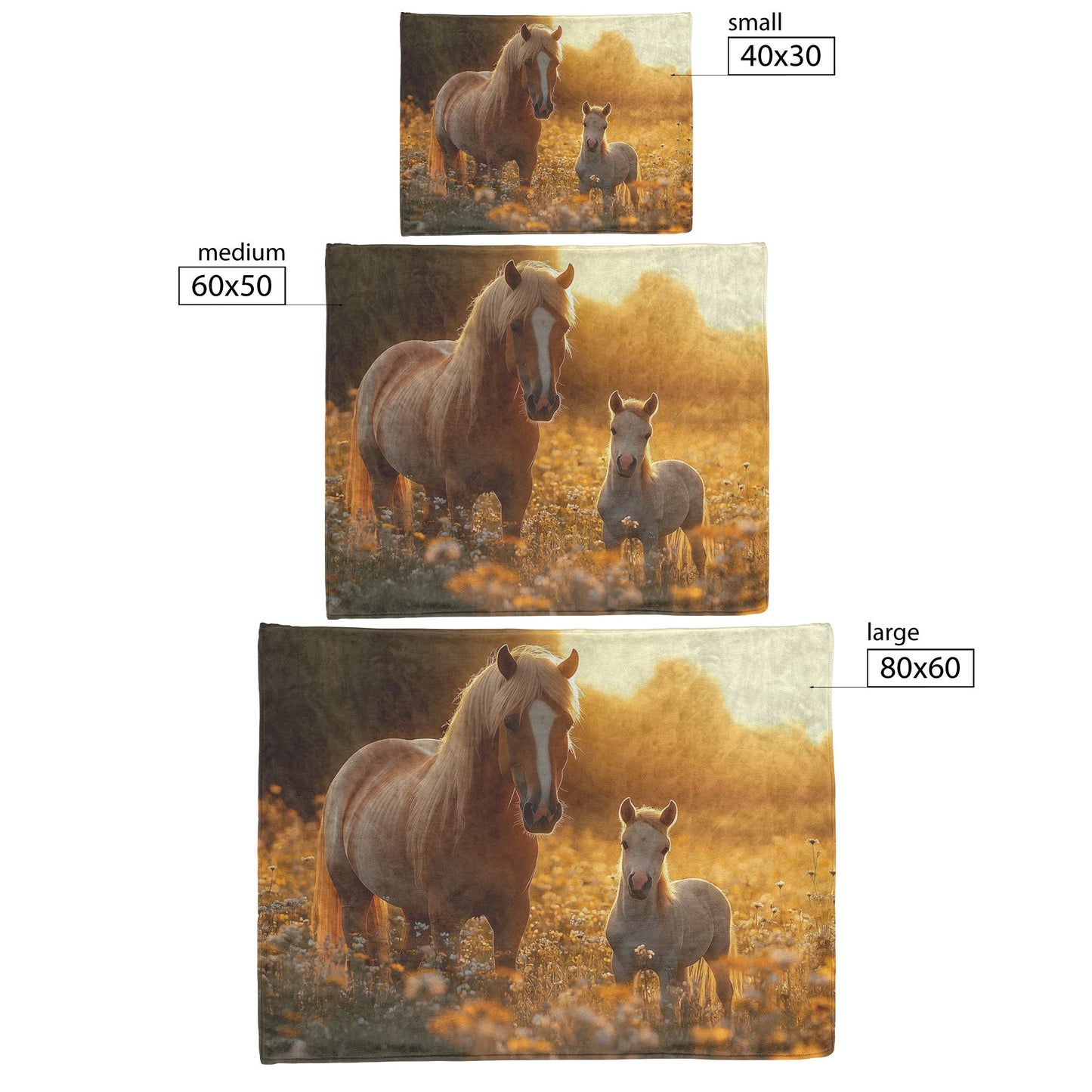 Brown Mare and Foal Grazing Peacefully in Wildflower Meadow Under Soft Golden Sunlight Cozy Fleece Sherpa Blanket - Awakening Righteousness