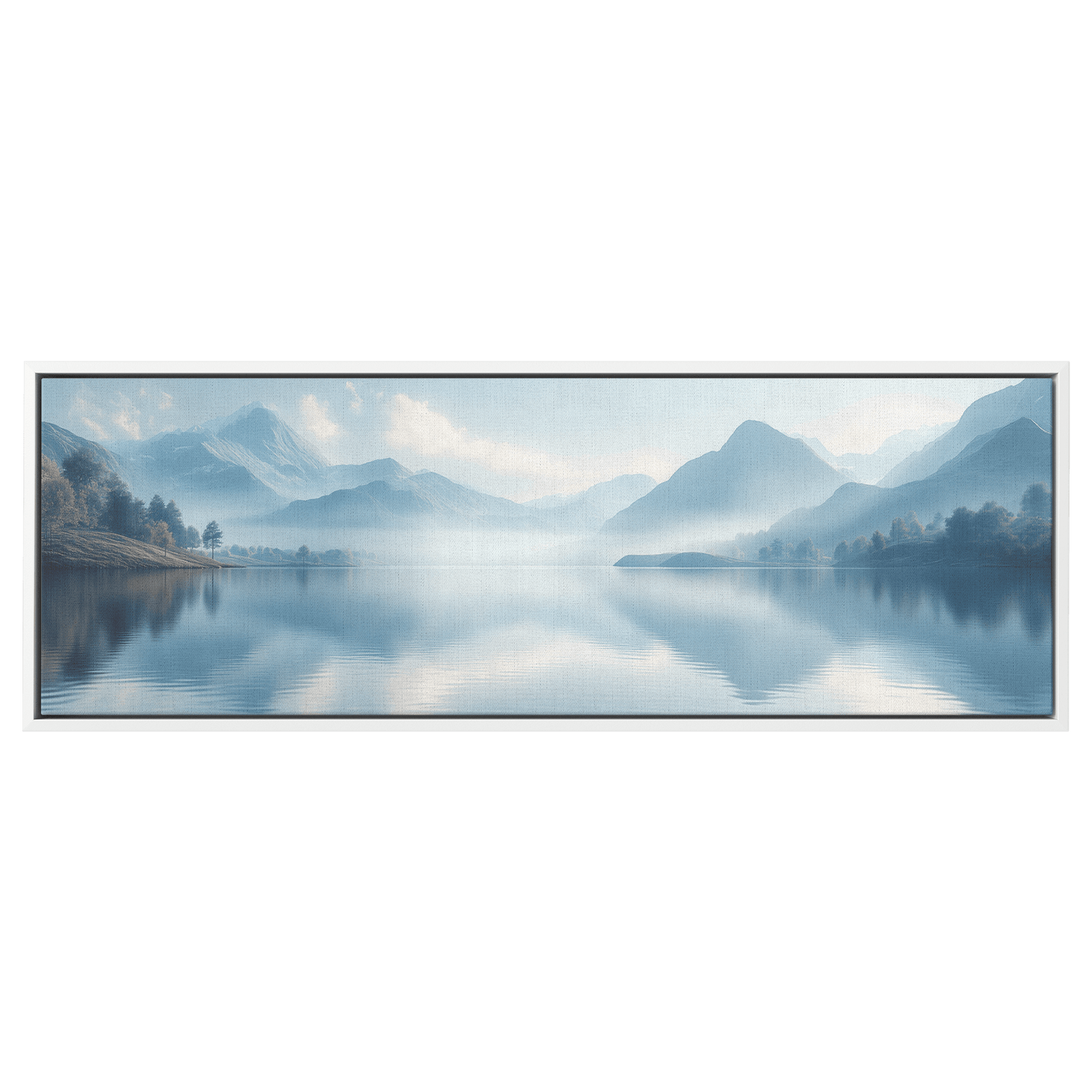Calm Lake Scene Soft Beige Hills Muted Reflections Ultra High Definition Minimalist Elegance Panoramic Framed Canvas Wall Art - Awakening Righteousness