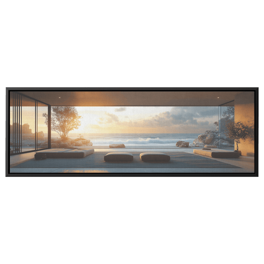 Coastal View Calm Waves Beige Gray Muted Tones Minimalist Detailing Ultra High Definition Tranquil Panoramic Framed Canvas Wall Art - Awakening Righteousness