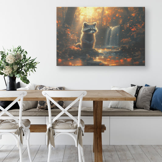 Curious Raccoon Near Glowing Waterfall Mossy Rocks Vibrant Plants Soft Light Canvas Wall Art Decor for Home or Office - Awakening Righteousness
