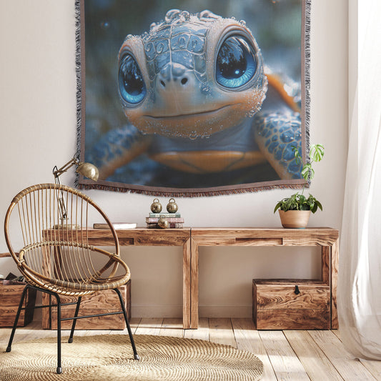 Cute Baby Turtle with Blue Eyes and Water Drops Cozy Woven Throw Blanket - Awakening Righteousness