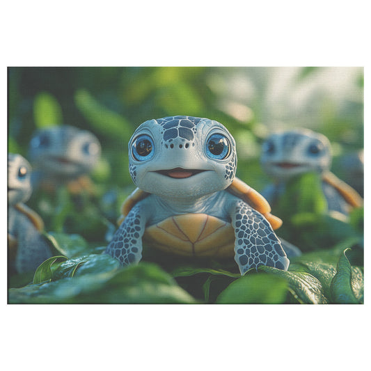 Cute Baby Turtles with Big Eyes Sitting on Green Leaves in the Forest Canvas Wall Art DĂŠcor - Awakening Righteousness