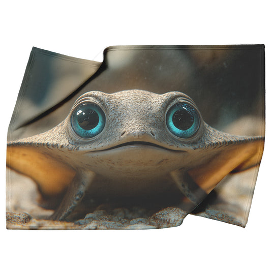 Cute Creature with Sparkling Blue Eyes Sitting on Sandy Ocean Floor Cozy Fleece Sherpa Blanket - Awakening Righteousness