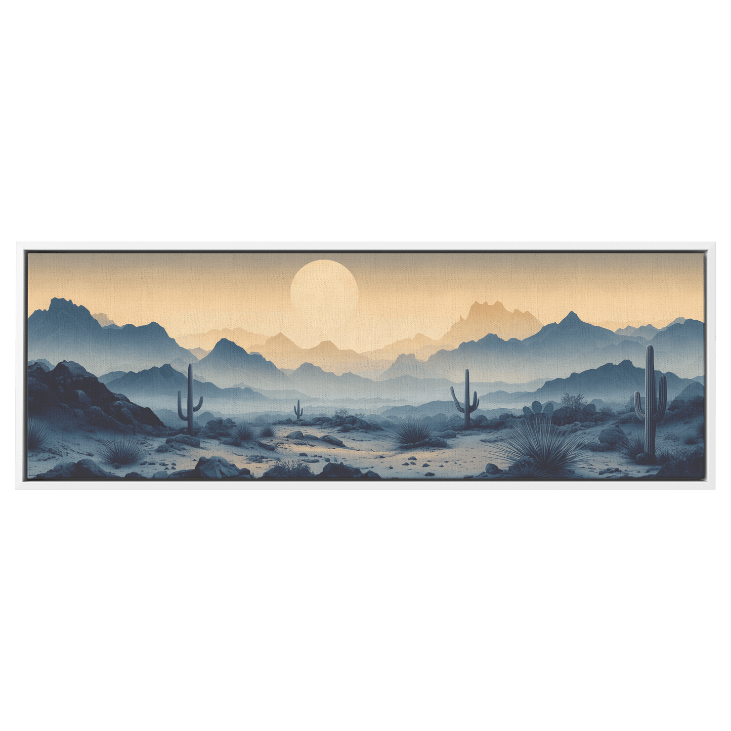 Desert Scene Scattered Saguaros Layered Minimalist Mountains Soft Taupe Gray Tones Panoramic Framed Canvas Wall Art - Awakening Righteousness