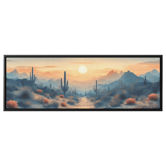 Desert Scene Scattered Saguaros Layered Minimalist Mountains Soft Taupe Gray Tones Panoramic Framed Canvas Wall Art - Awakening Righteousness