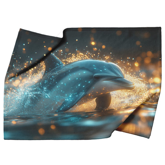 Dolphin Swimming Gracefully in Bioluminescent Ocean Glowing Blue Green Light Trails Magical Ethereal Sherpa Blanket - Awakening Righteousness