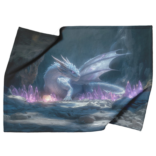 Dragon Guarding Glowing Treasure in Ancient Cavern with Crystal Shards Emitting Ethereal Light Fleece Sherpa Blanket - Awakening Righteousness