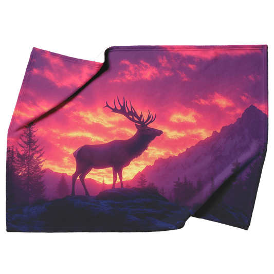 Elk Silhouetted Against Glowing Twilight Sky With Pink Purple and Orange Hues Standing on Peaceful Mountain Ridge Fleece Sherpa Blanket - Awakening Righteousness