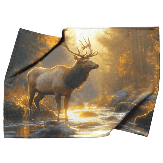 Elk Standing Near Glowing Crystal Clear Forest River Surrounded by Moss Covered Rocks and Mist Under Twilight Fleece Sherpa Blanket - Awakening Righteousness