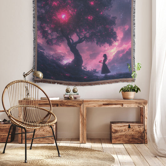 Eve Under The Tree of Knowledge Holding The Forbidden Apple Woven Throw Blanket - Awakening Righteousness