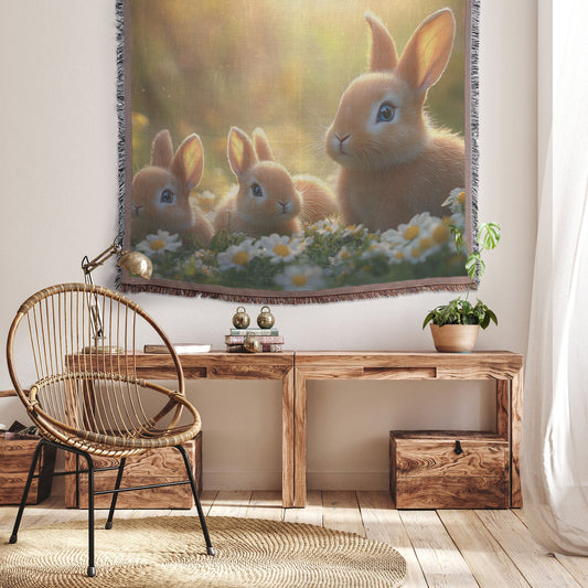 Family of Adorable Bunnies with Blue Eyes in Grassy Meadow Surrounded by Daisies Cozy Woven Throw Blanket - Awakening Righteousness
