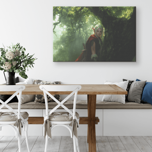 Female Blood Elf Hunter Perched on Treetop Shimmering Green Textures Cascading Golden Highlights Canvas Wall Art - Awakening Righteousness