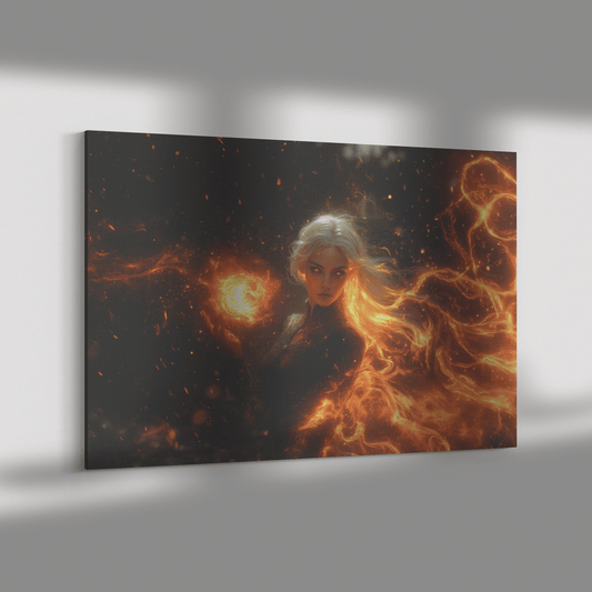 Female Blood Elf Mage Casting Fireball Red Orange Trails Shimmering Golden Textures Cascading Stars Canvas Wall Art - Awakening Righteousness