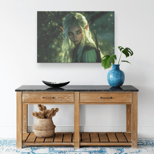 Female Blood Elf Rogue Crouching in Shadows Shimmering Silver Highlights Glowing Cosmic Textures Canvas Wall Art - Awakening Righteousness