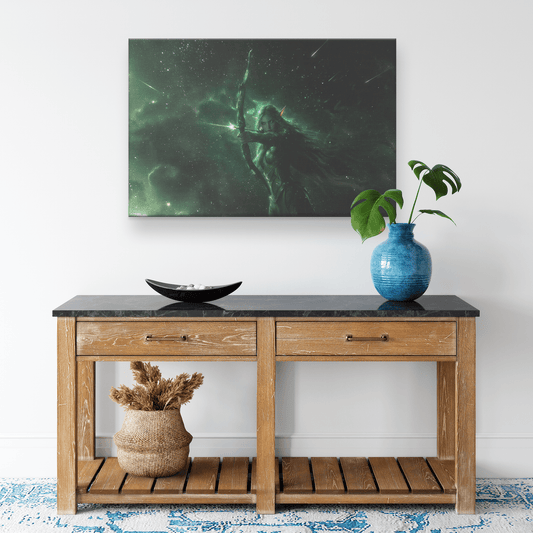 Female Night Elf Hunter Green Silver Armor Glowing Bow Shimmering Stars Cascading Light Trails WoW Canvas Wall Art Decor - Awakening Righteousness