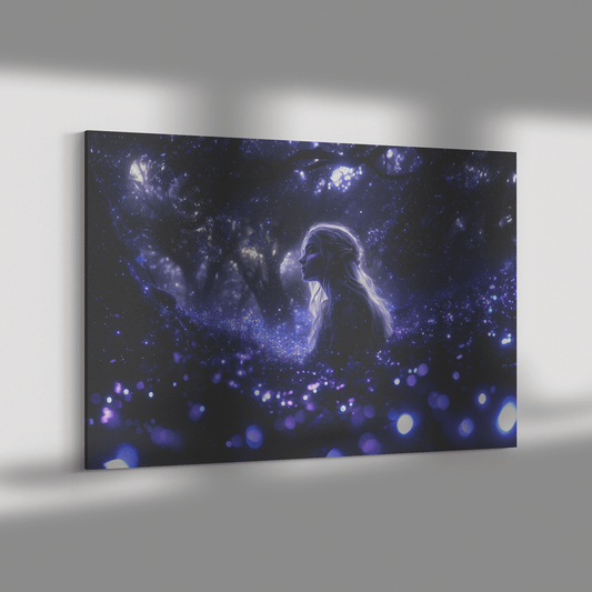 Female Night Elf Rogue Standing in Glowing Forest Shimmering Stars Cascading Light Trails Canvas Wall Art - Awakening Righteousness