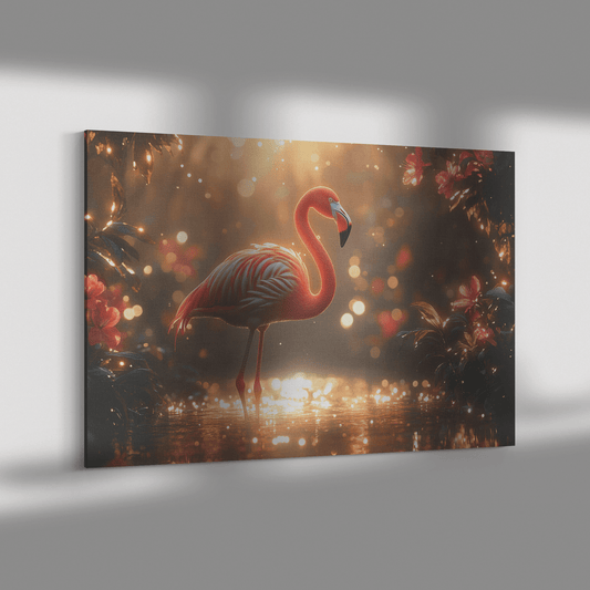 Flamingo Standing In Glowing Tropical Garden With Shimmering Plants And Ethereal Golden Light Canvas Wall Art Decor - Awakening Righteousness